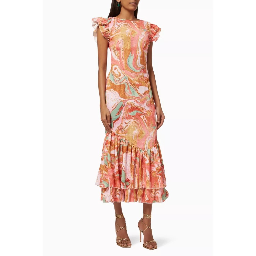 Never Fully Dressed Monique Frida Marble Swirl Ruffle Dress US 4 UK 8